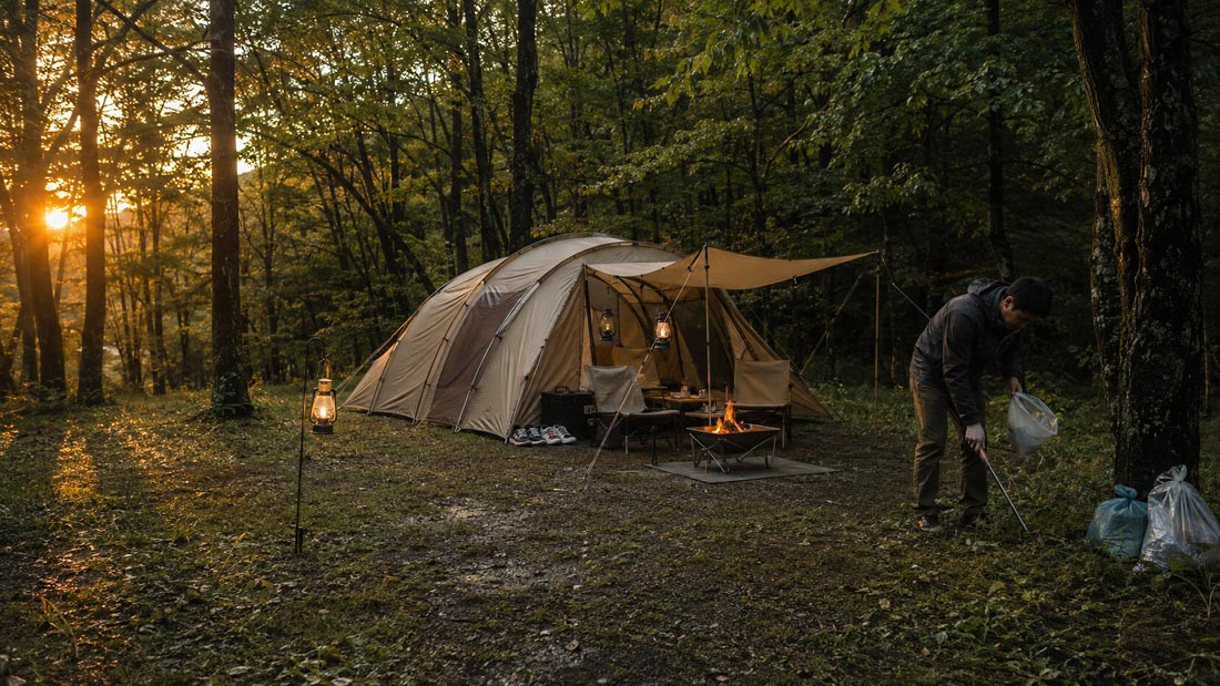 The hidden rules of Korean camping shown at a tidy forest campsite with a raised fire pit, low lighting, and separated waste.
