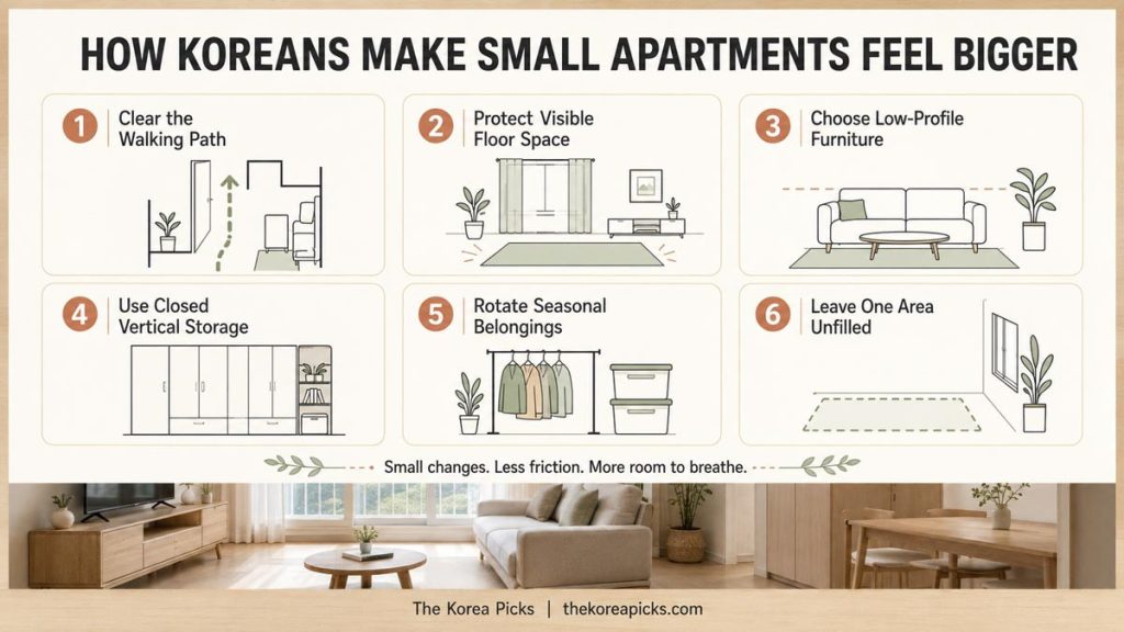 Infographic showing six ways Koreans make small apartments feel bigger through layout, storage, and seasonal organization
