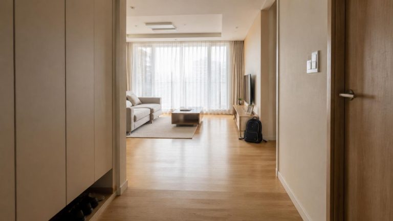 A Korean apartment with an open walking path, low-profile furniture, and plenty of visible floor space