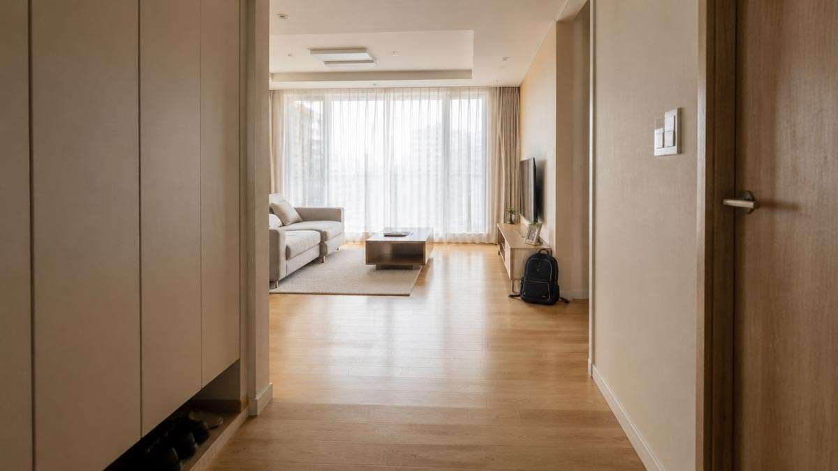 A Korean apartment with an open walking path, low-profile furniture, and plenty of visible floor space