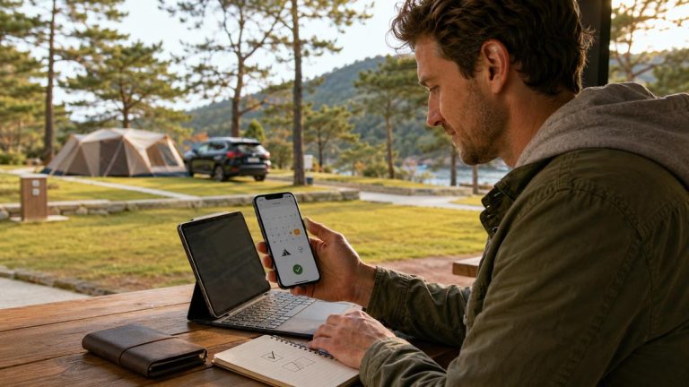 An international traveler uses a smartphone to reserve a campsite at a scenic auto campground in Korea.