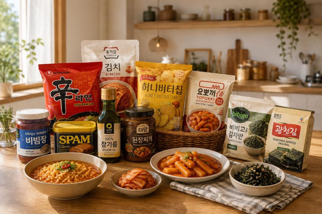 Popular Korean food, snacks, ramen, kimchi, tteokbokki, and pantry staples displayed in a modern kitchen.