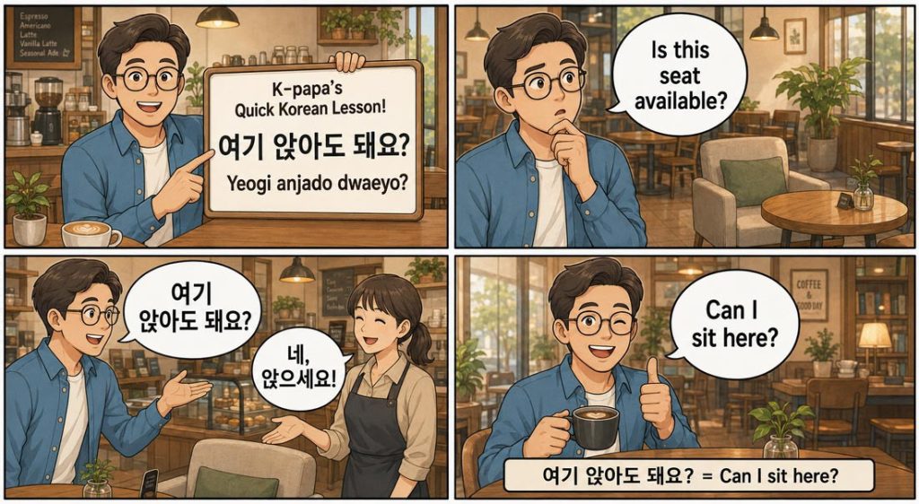 Four-panel K-papa Korean lesson comic showing how to ask “여기 앉아도 돼요?” meaning “Can I sit here?” in a Korean cafe.