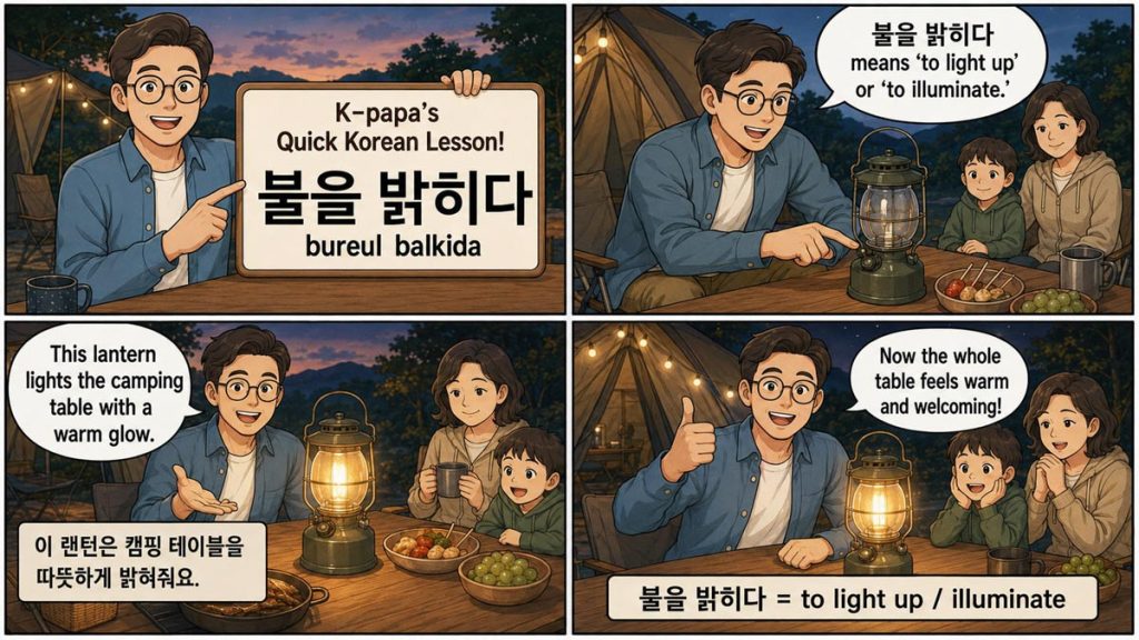 K-papa’s four-panel Korean lesson explaining bureul balkida with a warm camping lantern