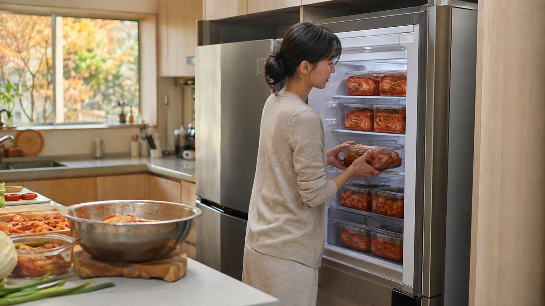 Korean woman storing kimchi containers in a kimchi refrigerator in a warm modern Korean kitchen