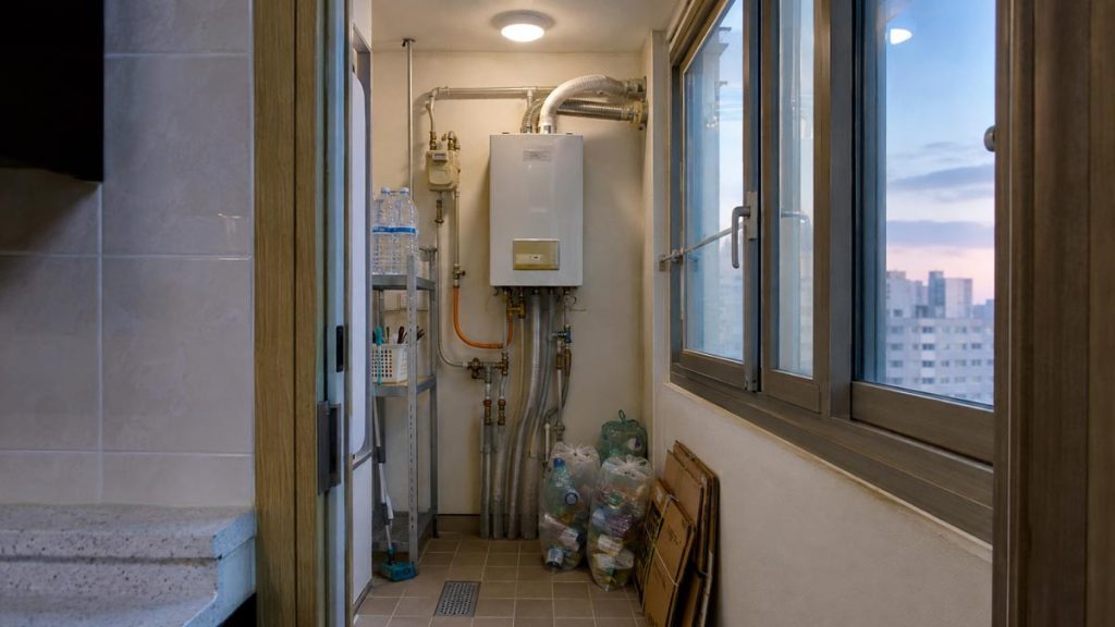 A Korean apartment utility balcony with a wall-mounted boiler, recycling bags, bottled water, and practical household storage.