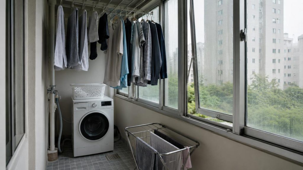 Laundry drying on ceiling and folding racks beside a washing machine in a Korean apartment utility balcony.