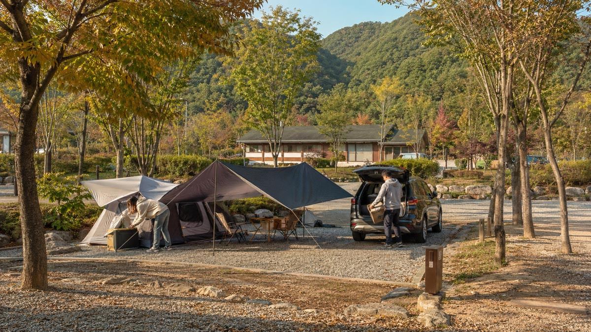 An organized Korean auto campground with a family tent and a car parked beside the campsite