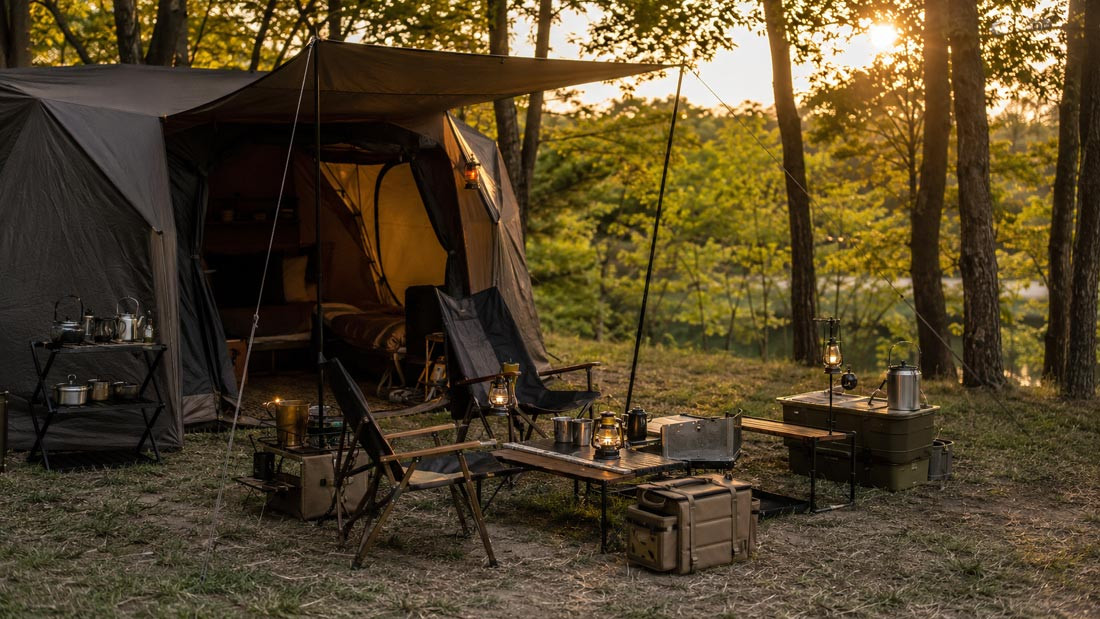Korean camping gear arranged at a premium forest campsite during sunset