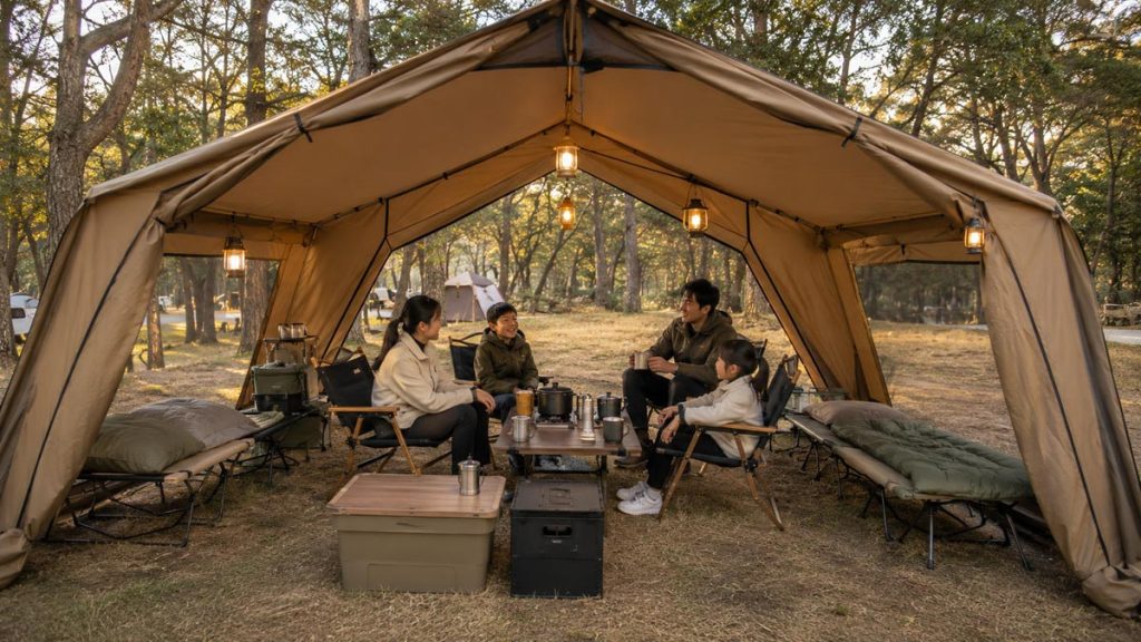 Korean family relaxing inside a large floorless car-camping shelter arranged with chairs, a table, storage boxes, lanterns, and camping cots.