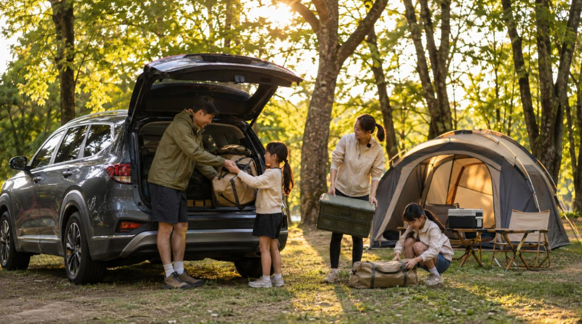 Korean family car camping at a forest campsite as parents and children unload gear together
