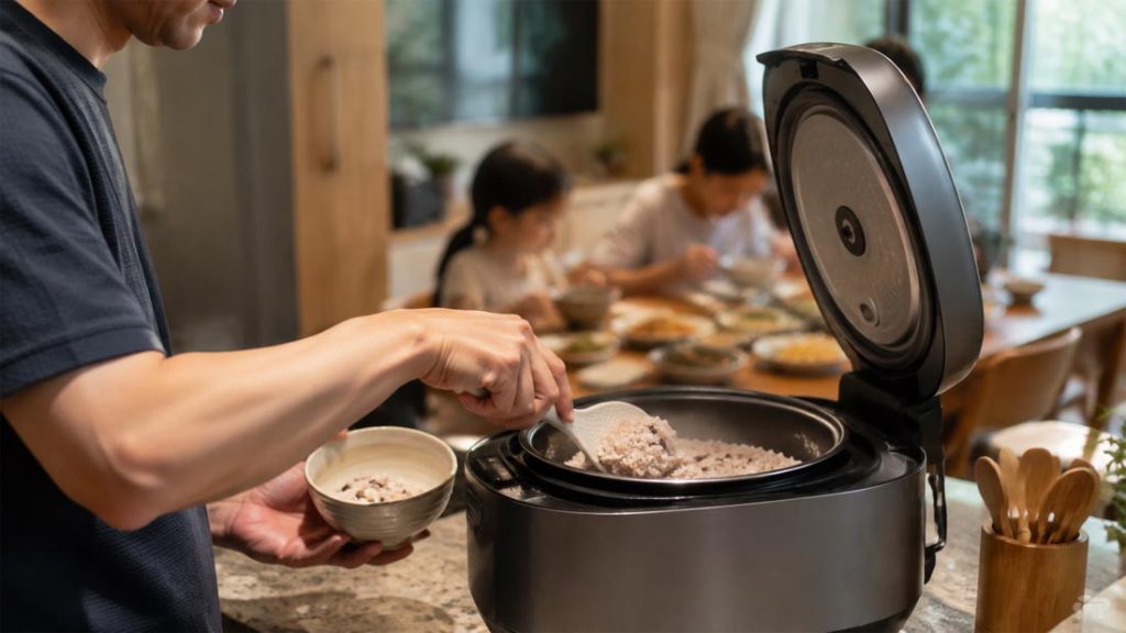 Korean father serving multigrain rice from a rice cooker before a family meal