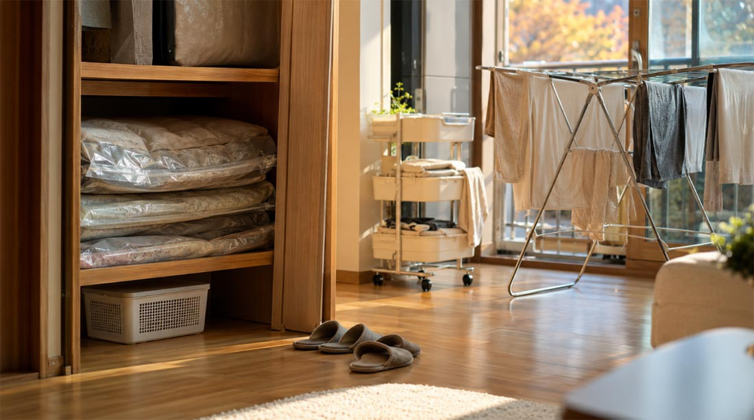 Korean home products for practical storage and laundry in a warm apartment interior