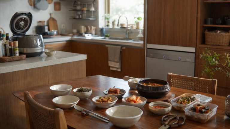 Korean kitchen with a rice cooker, banchan, kimchi, stainless steel chopsticks, and traditional ttukbaegi