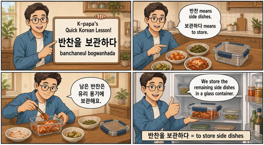Four-panel Korean lesson webtoon explaining banchaneul bogwanhada while K-papa stores leftover side dishes in a glass container