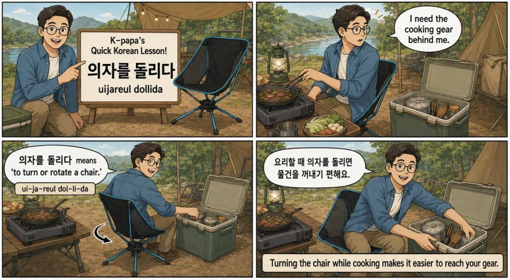Four-panel Korean lesson webtoon showing K-papa using a swivel camping chair while teaching the phrase uijareul dollida, meaning to turn or rotate a chair.