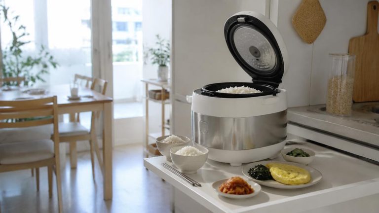 Korean rice cooker with freshly cooked white rice on a bright apartment kitchen counter