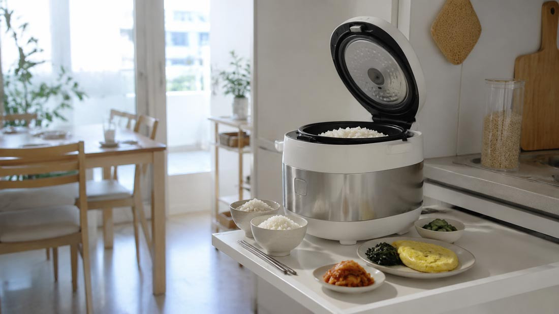 Korean rice cooker with freshly cooked white rice on a bright apartment kitchen counter