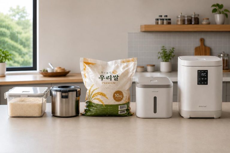 Rice storage options in a Korean kitchen, including airtight bins, vacuum containers, and temperature-controlled rice appliances for hot and humid summers
