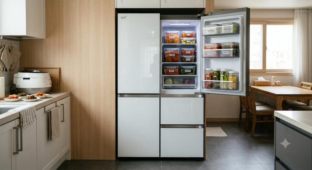 A high-resolution image of a modern white standing Kimchi refrigerator in a Korean home kitchen, featuring four doors with the upper door open to show organized Kimchi storage containers.