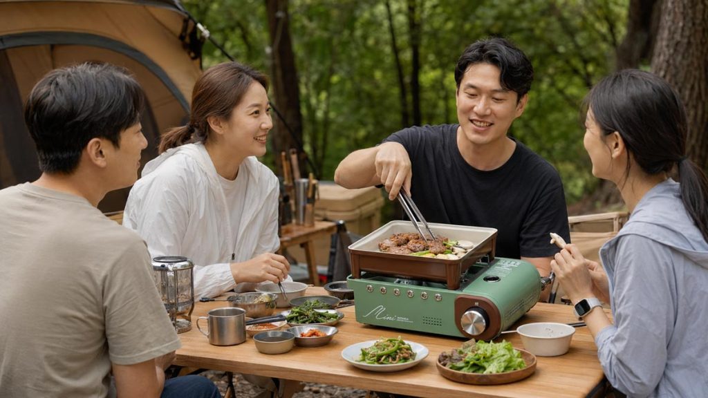 Campers enjoying an outdoor meal with the Kovea Gui Bada Mini at a campsite