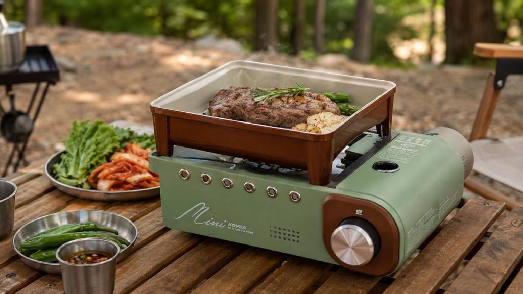 Kovea Gui Bada Mini used for cooking food on an outdoor camping table