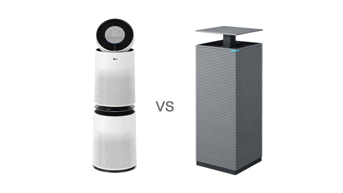 LG PuriCare 360 AS305DWWA vs Coway Noble AP-2023K air purifier comparison showing both models side by side