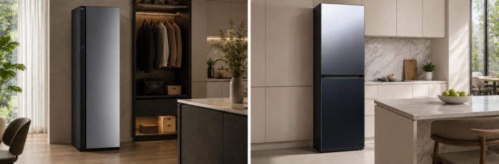 LG Styler SC5GMR80H and Samsung Bespoke AirDresser DF24CB9900CR in modern home interiors