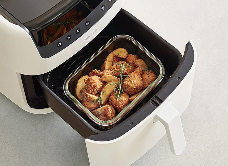 LocknLock Top Class glass container used for cooking in an air fryer