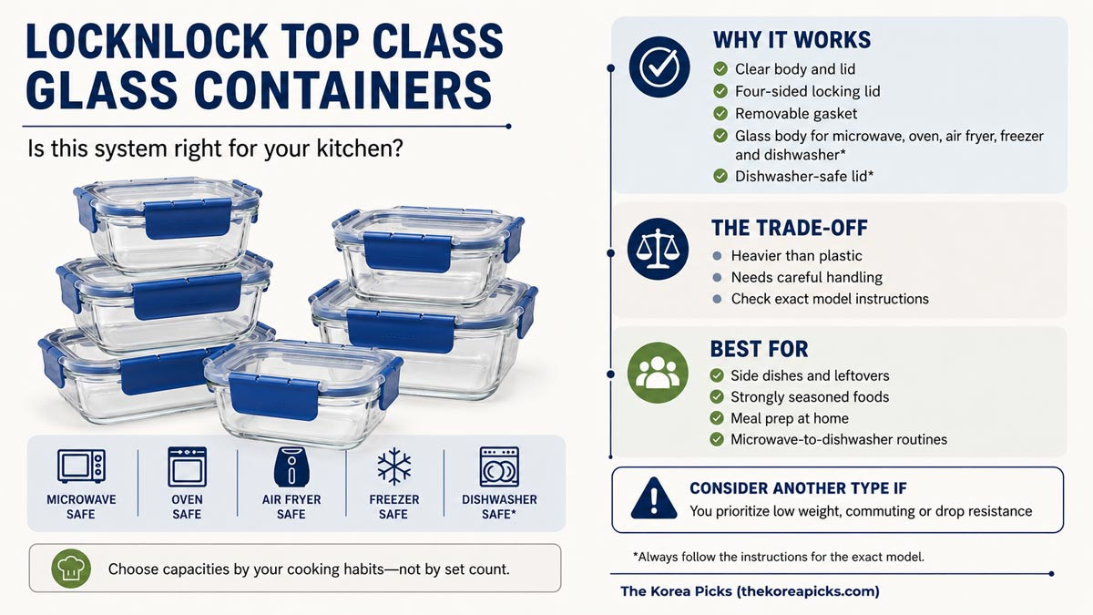 LocknLock Top Class Glass Container Review infographic showing key features, limitations, appliance compatibility, and recommended users