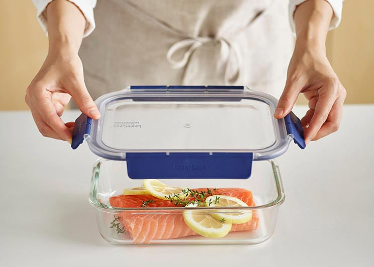 LocknLock Top Class glass container filled with fresh food for storage