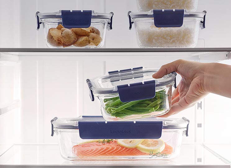 LocknLock Top Class glass containers storing food in a refrigerator