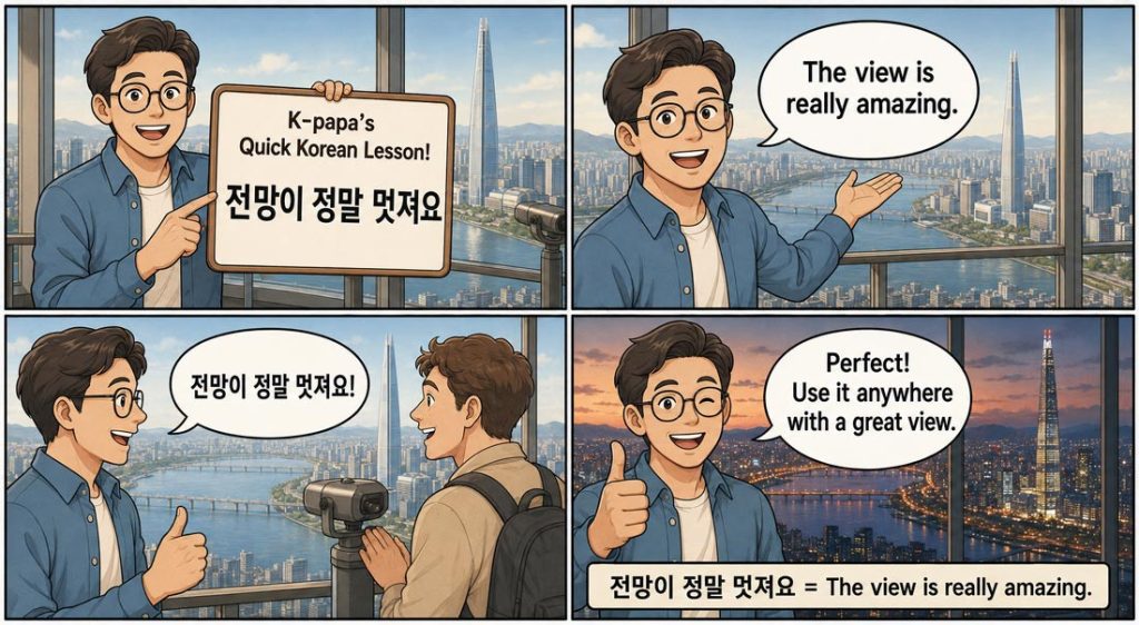 K-papa teaches the Korean phrase “전망이 정말 멋져요” while enjoying the Seoul skyline from Lotte World Tower.