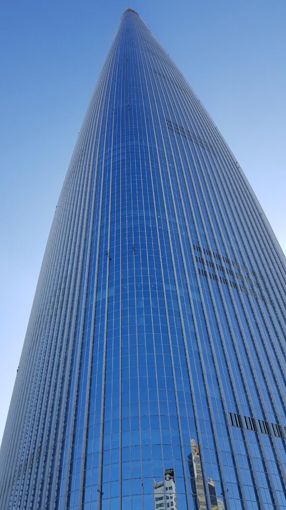 The iconic exterior of Lotte World Tower in Seoul, South Korea