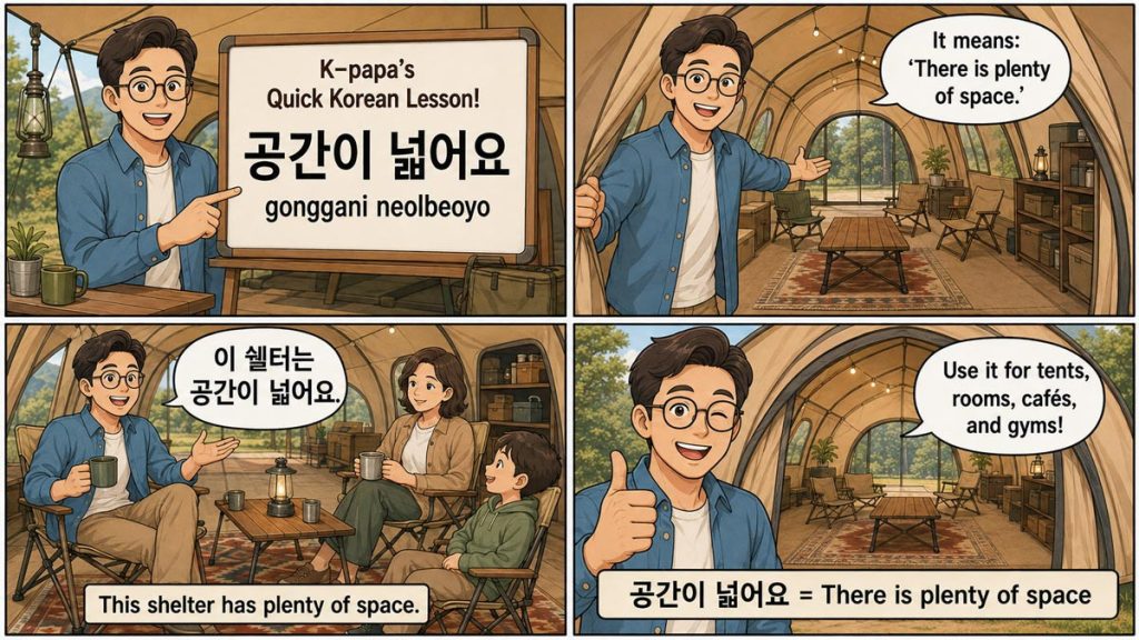 Four-panel Korean lesson webtoon teaching gonggani neolbeoyo through the spacious interior of a camping shelter