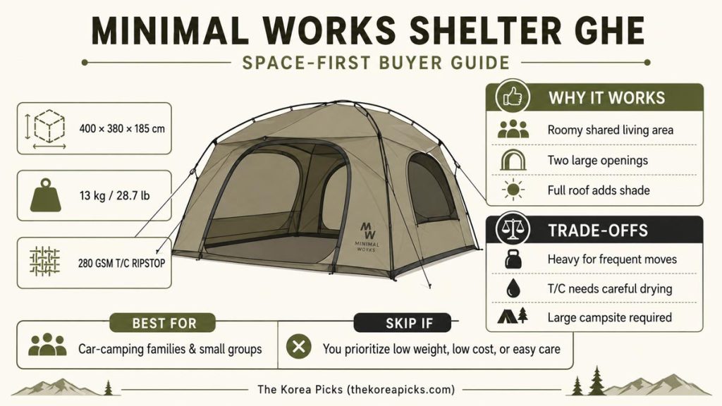Minimal Works Shelter GHE review infographic showing dimensions, weight, T/C fabric, advantages, trade-offs, and recommended buyers