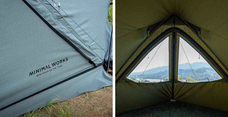 Close-up of Minimal Works Superposition showing fabric, seams, and detailed shelter construction