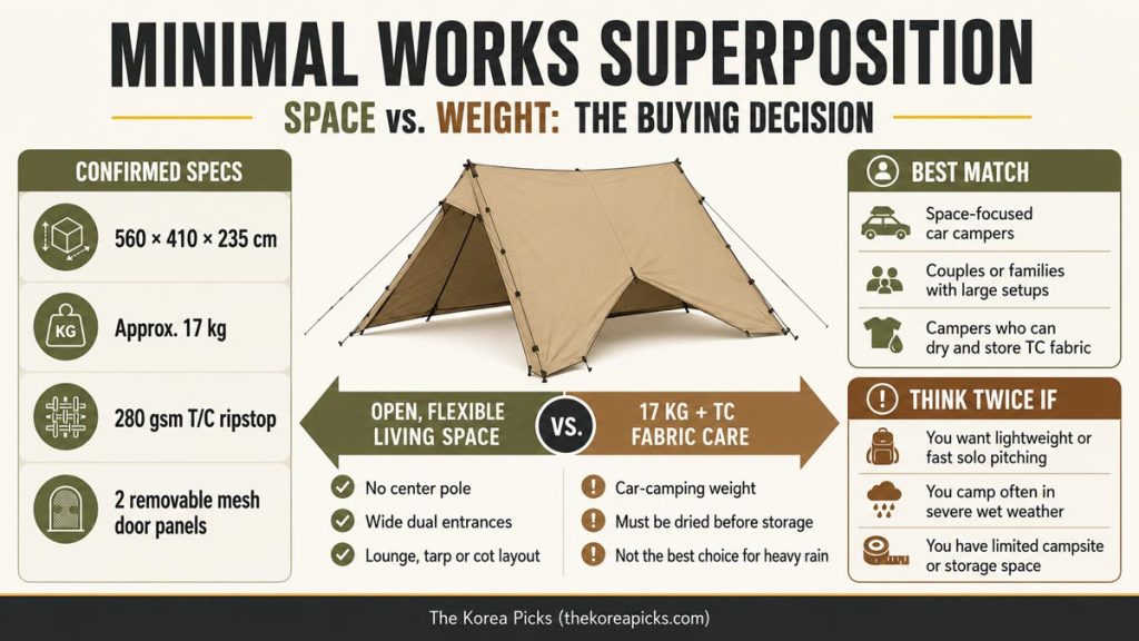 Minimal Works Superposition review infographic comparing its spacious pole-free interior with 17 kg weight, TC fabric care, specifications, and ideal users.