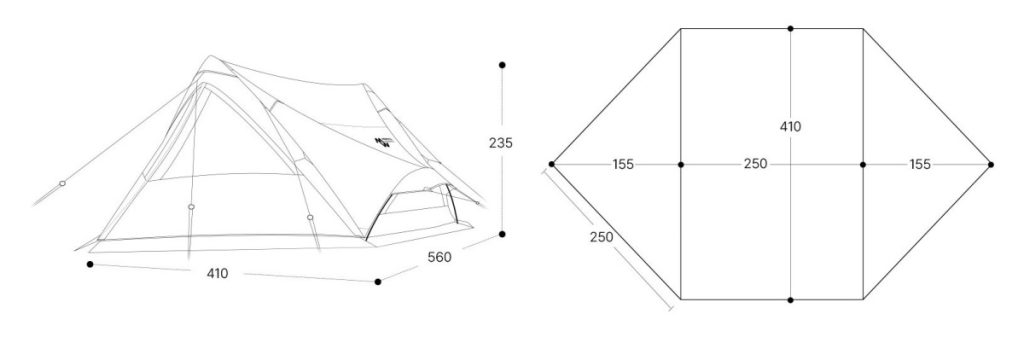 Minimal Works Superposition size and dimensions showing the overall shelter measurements