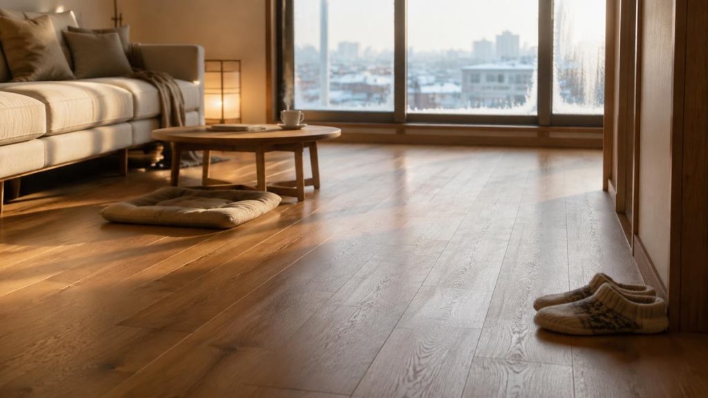 Warm wooden floor with Korean floor heating in a modern Korean apartment on a winter morning