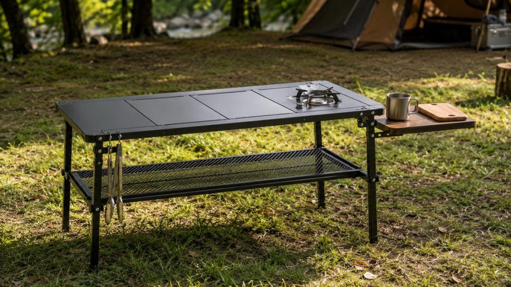 Modular IGT table with an integrated burner and storage shelf at a Korean summer campsite
