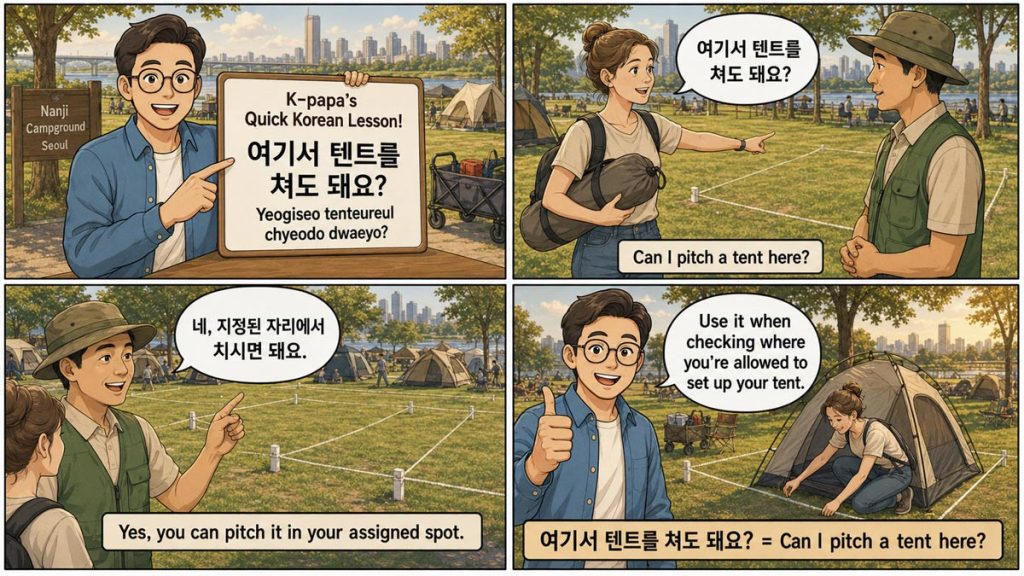 Four-panel Quick Korean Lesson teaching how to ask if you can pitch a tent at Nanji Campground Seoul.