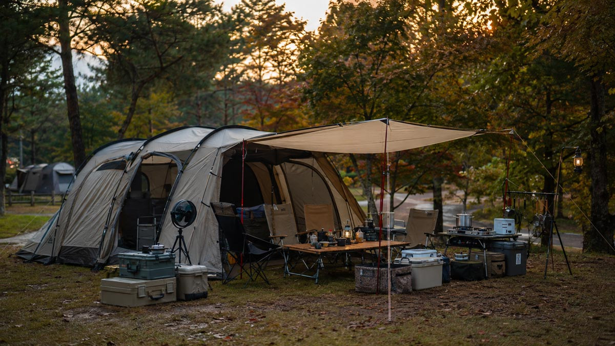 A fully equipped Korean family campsite with a large tent, cooking station, chairs, lanterns, and organized camping gear in an autumn forest.