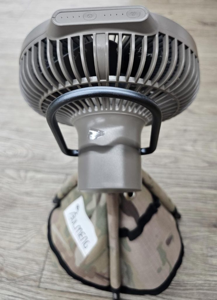 Rear view of the CLAYMORE Fan V600 Plus showing the control buttons, indicator lights, and carrying handle