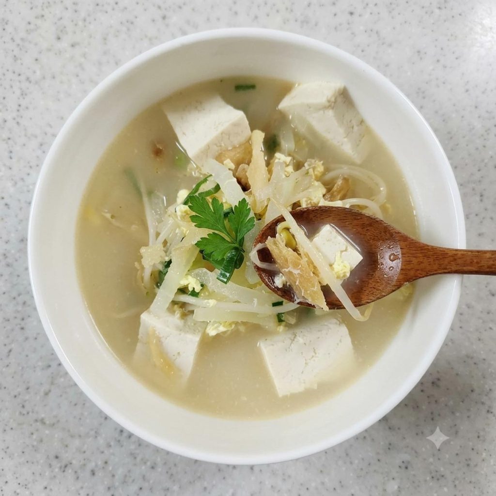 Top-down smartphone photo of a bowl of Korean dried pollack soup (bugeo-guk) with tofu and bean sprouts.