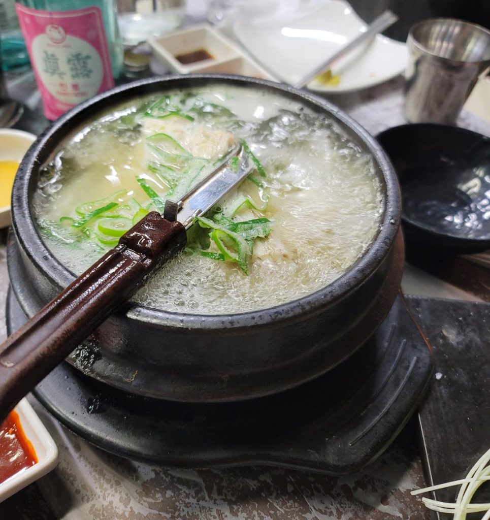 Steaming Korean gukbap bubbling in a traditional earthenware pot with sliced green onions.